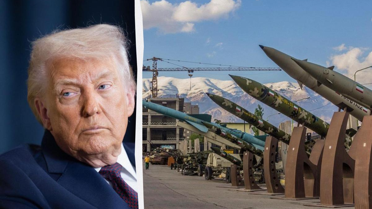 Split image: a man in a suit on the left and a row of missiles on launch rails in a yard with mountains in the distance.