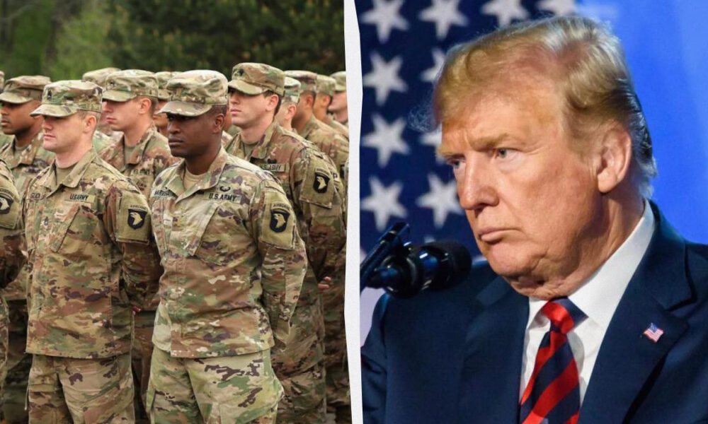 Left shows soldiers in camouflage uniforms standing in formation; right shows a man in a suit speaking at a podium with an American flag backdrop.