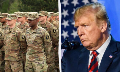 Left shows soldiers in camouflage uniforms standing in formation; right shows a man in a suit speaking at a podium with an American flag backdrop.