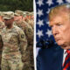 Left shows soldiers in camouflage uniforms standing in formation; right shows a man in a suit speaking at a podium with an American flag backdrop.