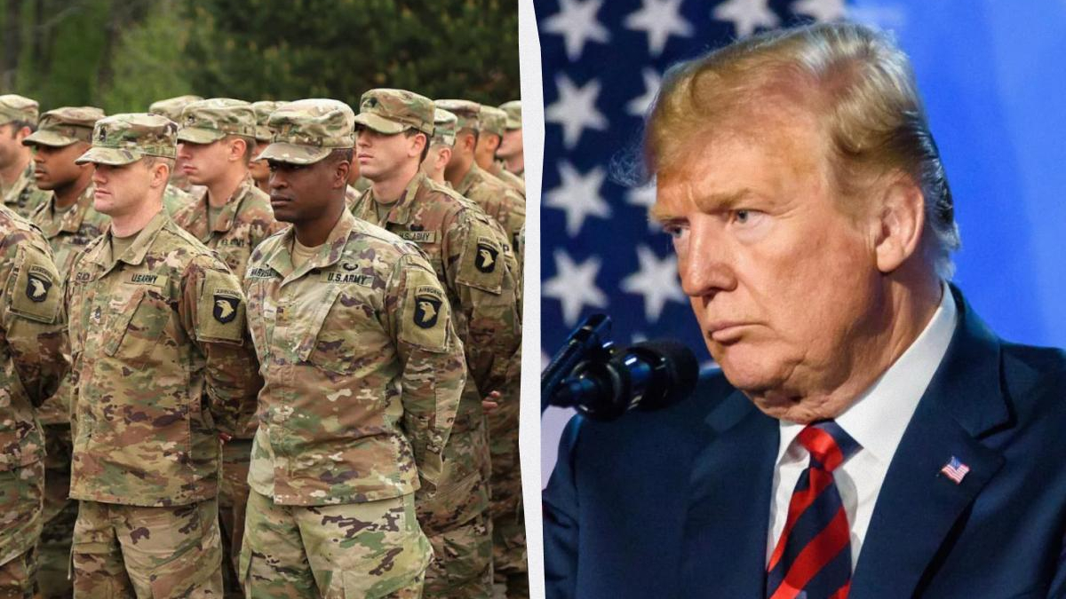Left shows soldiers in camouflage uniforms standing in formation; right shows a man in a suit speaking at a podium with an American flag backdrop.