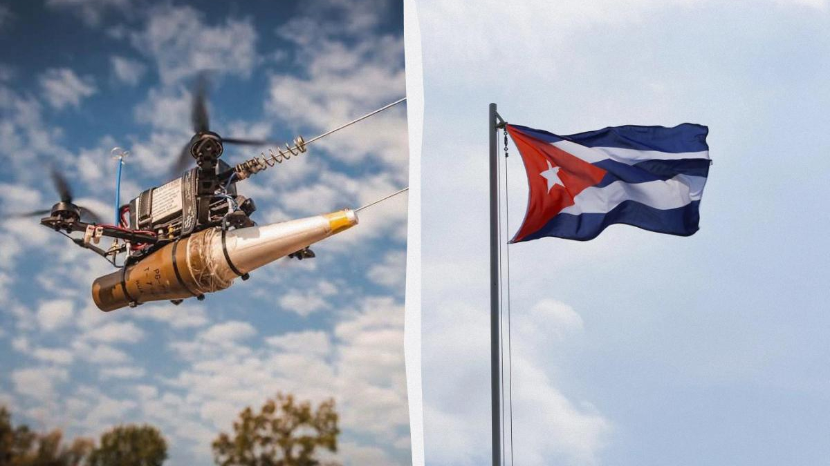 Split image: a military drone with a bomb payload on the left and a Cuban flag fluttering on a pole to the right, against a blue sky.