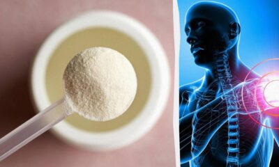 Left: a scoop of white powder hovering over an open container; right: a blue medical illustration of a human upper body with a highlighted shoulder indicating pain