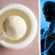 Left: a scoop of white powder hovering over an open container; right: a blue medical illustration of a human upper body with a highlighted shoulder indicating pain