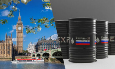 Split image: London's Big Ben and the Thames on the left with a riverboat, and black oil barrels labeled 'Russian oil' on the right.