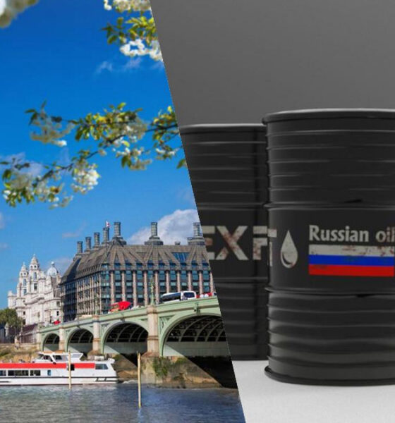 Split image: London's Big Ben and the Thames on the left with a riverboat, and black oil barrels labeled 'Russian oil' on the right.