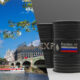 Split image: London's Big Ben and the Thames on the left with a riverboat, and black oil barrels labeled 'Russian oil' on the right.