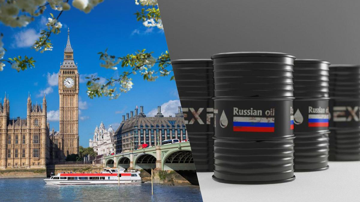 Split image: London's Big Ben and the Thames on the left with a riverboat, and black oil barrels labeled 'Russian oil' on the right.