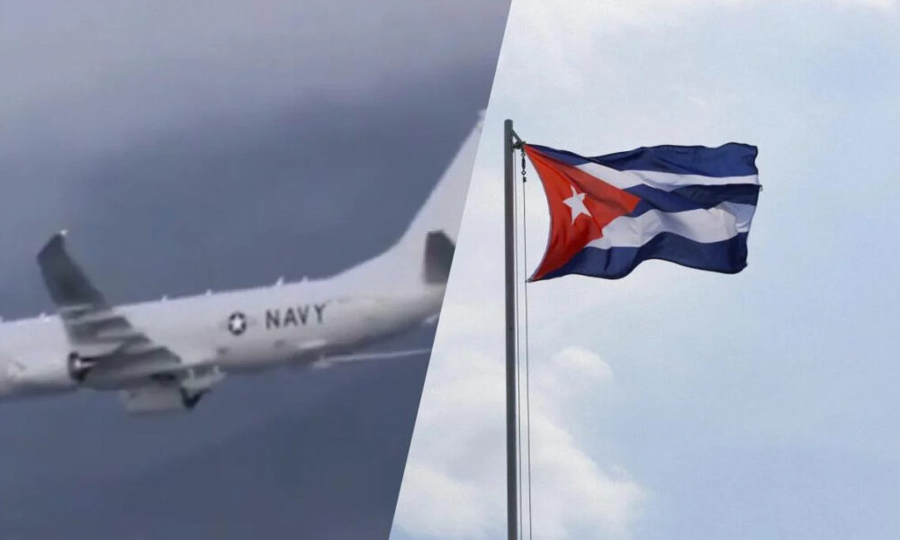 Split image: left shows a U.S. Navy aircraft in flight; right shows a Cuban flag waving on a flagpole against a blue sky.