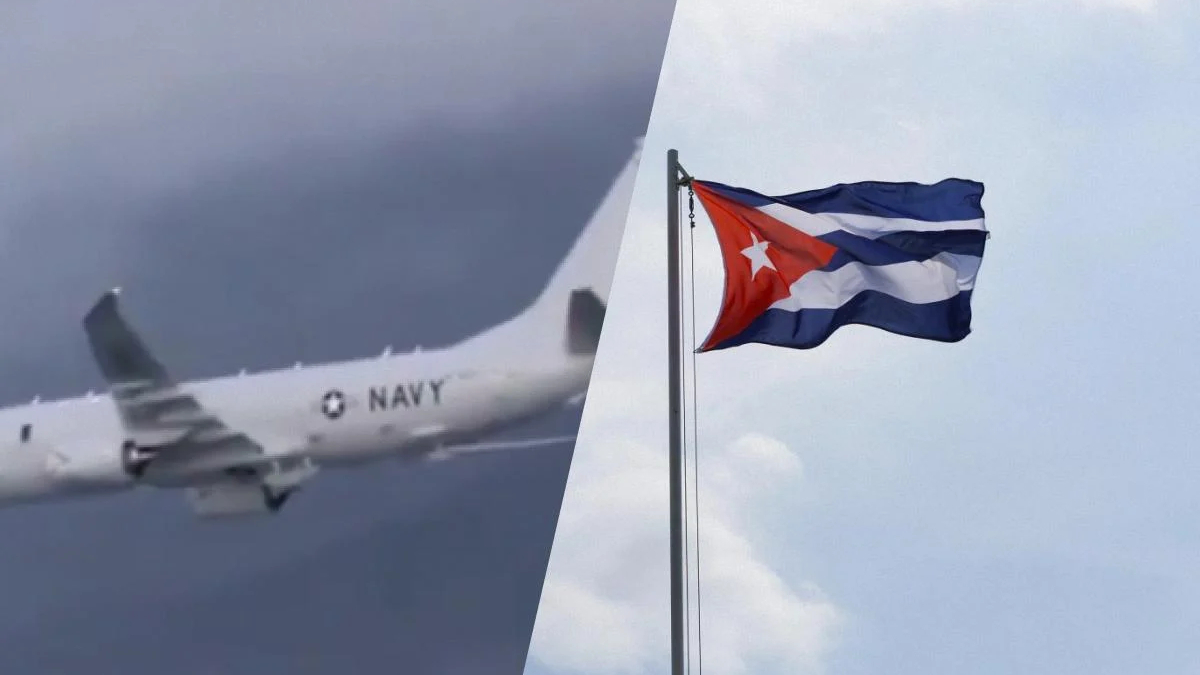 Split image: left shows a U.S. Navy aircraft in flight; right shows a Cuban flag waving on a flagpole against a blue sky.