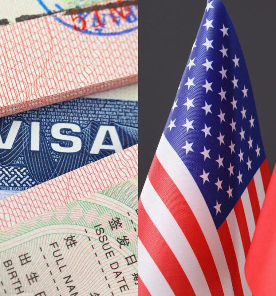 Visa documents and passports beside US and Chinese flags, suggesting international travel or immigration themes.
