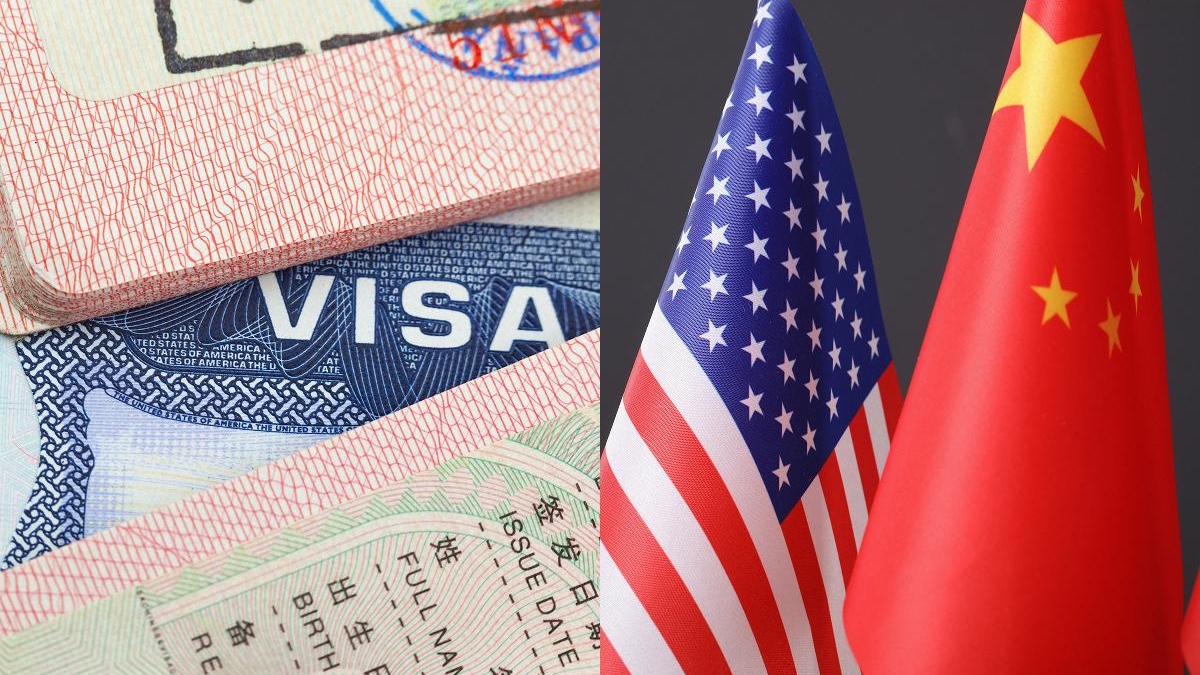 Visa documents and passports beside US and Chinese flags, suggesting international travel or immigration themes.