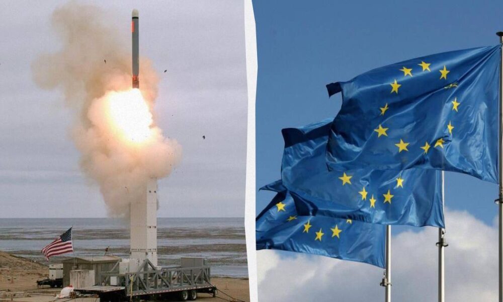 Left shows a rocket launch from a coastal site with smoke and an American flag nearby; right shows blue European Union flags fluttering in the wind.