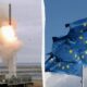 Left shows a rocket launch from a coastal site with smoke and an American flag nearby; right shows blue European Union flags fluttering in the wind.