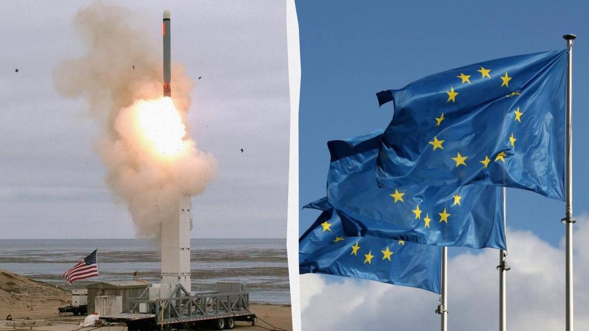 Left shows a rocket launch from a coastal site with smoke and an American flag nearby; right shows blue European Union flags fluttering in the wind.