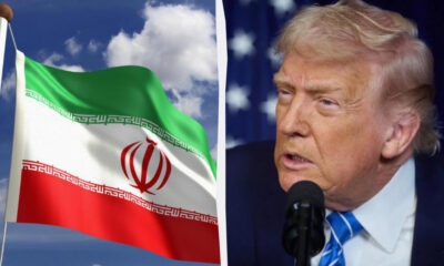 Iranian flag waving in the wind on the left; on the right, a man in a suit speaks into a microphone at a podium.