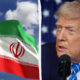 Iranian flag waving in the wind on the left; on the right, a man in a suit speaks into a microphone at a podium.