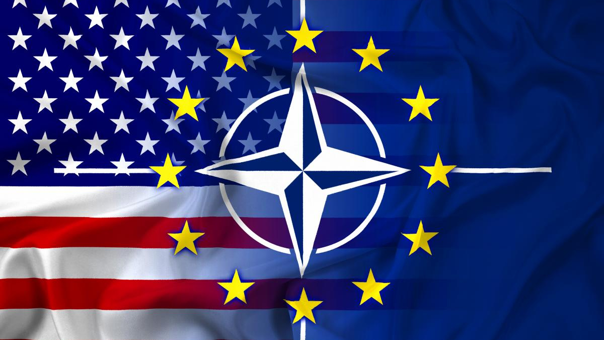 Composite flag combining the United States flag and the NATO emblem, symbolizing US-NATO alliance.