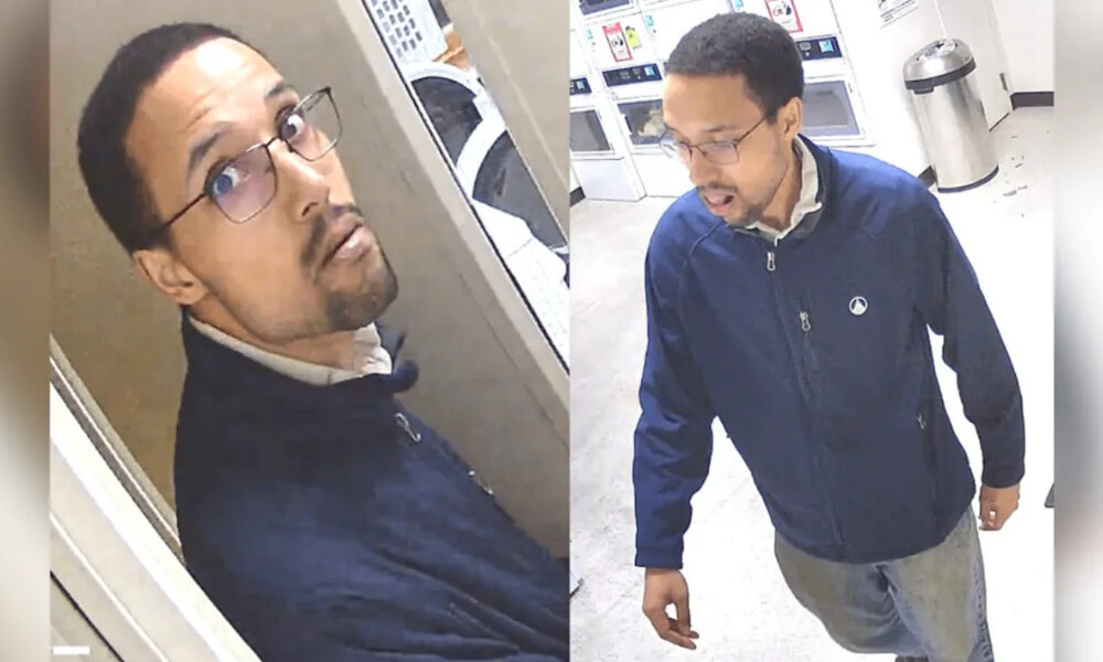 Split-screen surveillance image of a man with glasses in a dark jacket; left panel in an elevator, right panel walking in a hall with vending machines nearby
