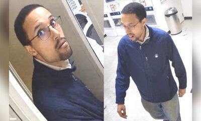 Split-screen surveillance image of a man with glasses in a dark jacket; left panel in an elevator, right panel walking in a hall with vending machines nearby