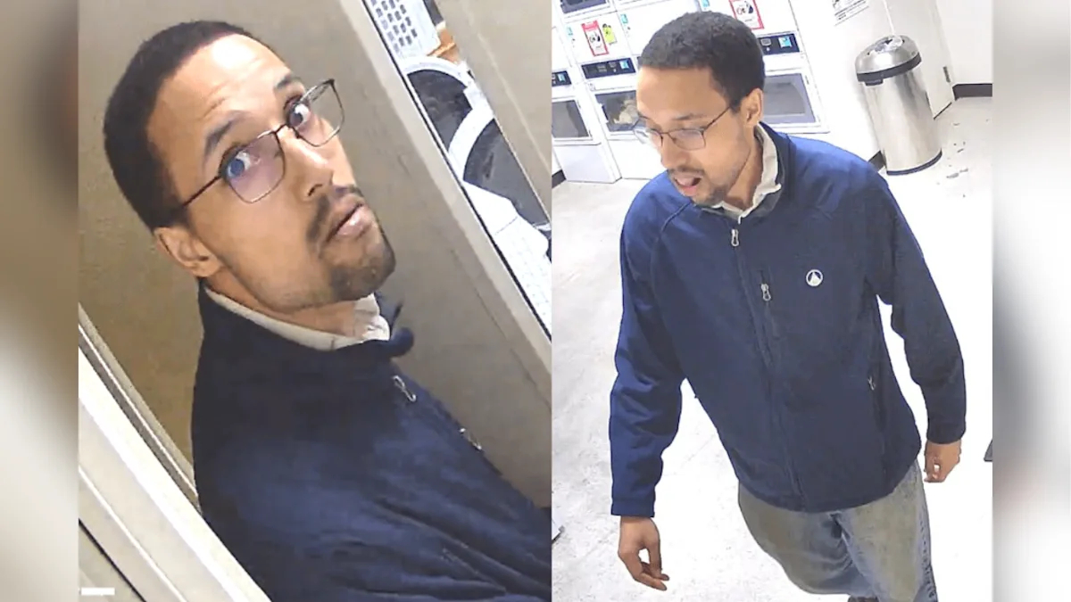 Split-screen surveillance image of a man with glasses in a dark jacket; left panel in an elevator, right panel walking in a hall with vending machines nearby