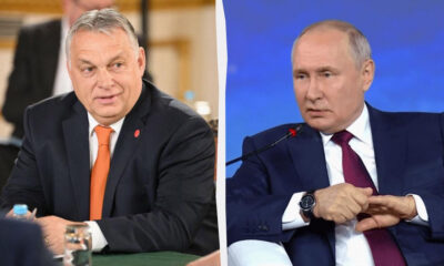Split image of two men in suits at a formal meeting, left with an orange tie and the right with a maroon tie, both seated and facing forward.