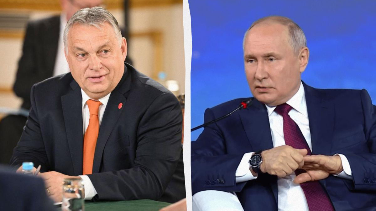 Split image of two men in suits at a formal meeting, left with an orange tie and the right with a maroon tie, both seated and facing forward.