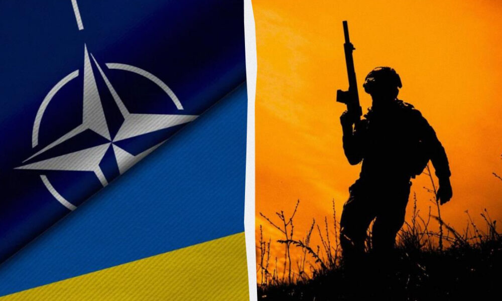 Split image: NATO flag on the left and Ukrainian flag below, with a rifle-wielding soldier silhouette against an orange sky.