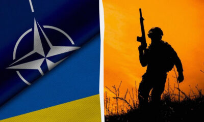 Split image: NATO flag on the left and Ukrainian flag below, with a rifle-wielding soldier silhouette against an orange sky.