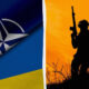 Split image: NATO flag on the left and Ukrainian flag below, with a rifle-wielding soldier silhouette against an orange sky.