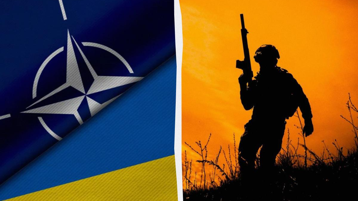 Split image: NATO flag on the left and Ukrainian flag below, with a rifle-wielding soldier silhouette against an orange sky.