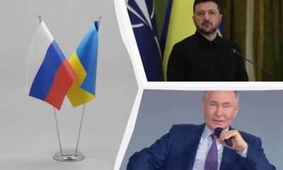 Collage of two flagpoles with Russia and Ukraine flags on the left, and two men speaking at podiums on the right side of the frame.