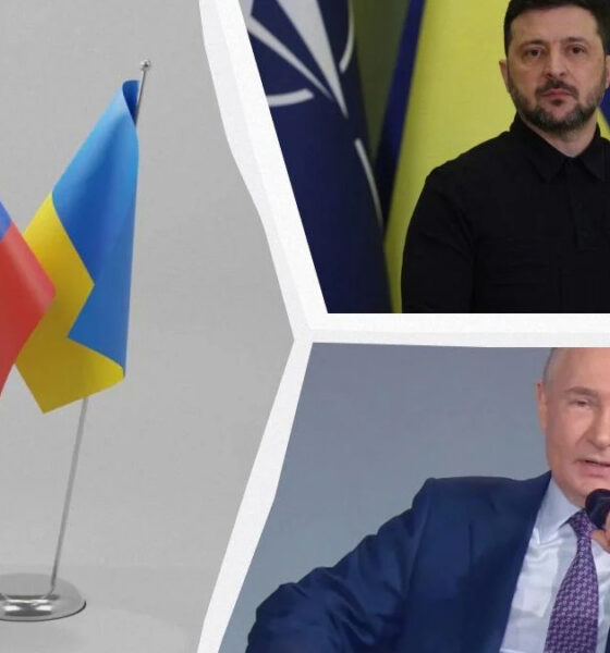 Collage of two flagpoles with Russia and Ukraine flags on the left, and two men speaking at podiums on the right side of the frame.