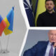 Collage of two flagpoles with Russia and Ukraine flags on the left, and two men speaking at podiums on the right side of the frame.