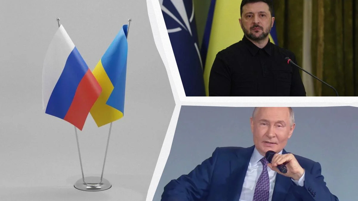 Collage of two flagpoles with Russia and Ukraine flags on the left, and two men speaking at podiums on the right side of the frame.