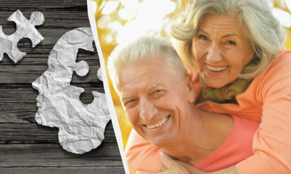 Left: white puzzle pieces on dark wood; right: smiling elderly couple embracing outdoors, split by a white divider.