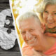 Left: white puzzle pieces on dark wood; right: smiling elderly couple embracing outdoors, split by a white divider.