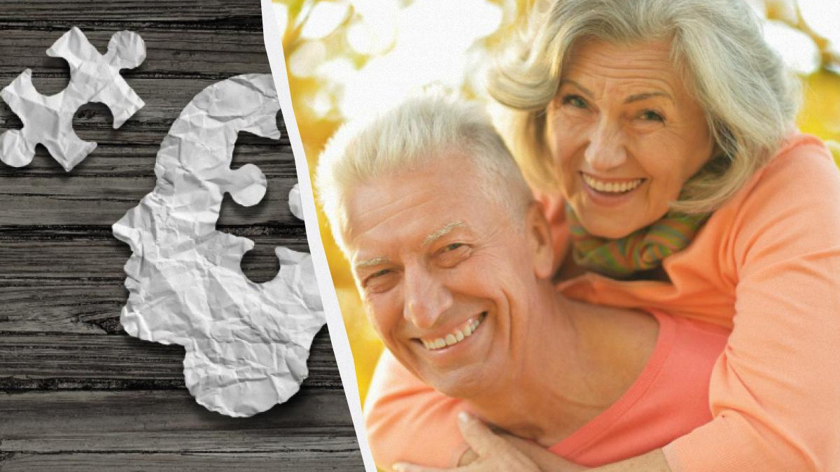 Left: white puzzle pieces on dark wood; right: smiling elderly couple embracing outdoors, split by a white divider.