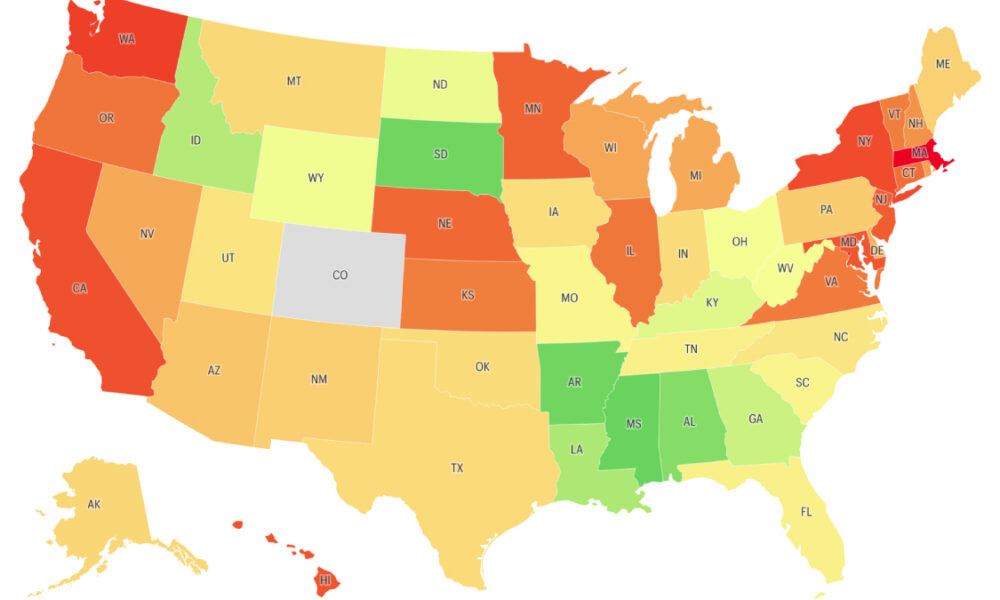 Color-coded US map by state with two-letter abbreviations, ranging from red/orange to green, showing a regional metric; gray Colorado removed from scale.