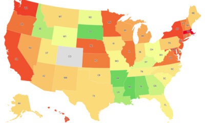 Color-coded US map by state with two-letter abbreviations, ranging from red/orange to green, showing a regional metric; gray Colorado removed from scale.