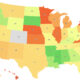 Color-coded US map by state with two-letter abbreviations, ranging from red/orange to green, showing a regional metric; gray Colorado removed from scale.