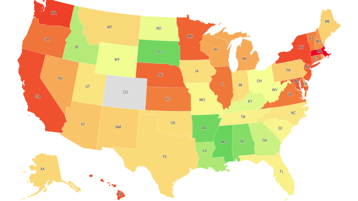 Color-coded US map by state with two-letter abbreviations, ranging from red/orange to green, showing a regional metric; gray Colorado removed from scale.