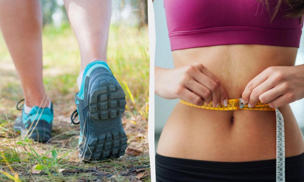 Split image: left side shows blue running shoes on a person walking on a grassy trail; right side shows a person in a pink sports bra measuring their waist with a tape measure.