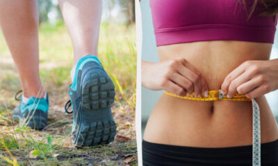 Split image: left side shows blue running shoes on a person walking on a grassy trail; right side shows a person in a pink sports bra measuring their waist with a tape measure.