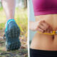 Split image: left side shows blue running shoes on a person walking on a grassy trail; right side shows a person in a pink sports bra measuring their waist with a tape measure.