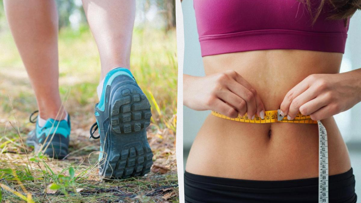 Split image: left side shows blue running shoes on a person walking on a grassy trail; right side shows a person in a pink sports bra measuring their waist with a tape measure.