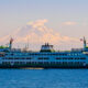 Large white passenger ferry sailing on calm blue water with a snow‑capped mountain in the background.