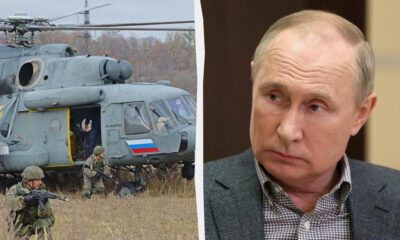 Split image: left shows armed soldiers beside a military helicopter on a grassy field; right shows a man in a blazer looking to the left.