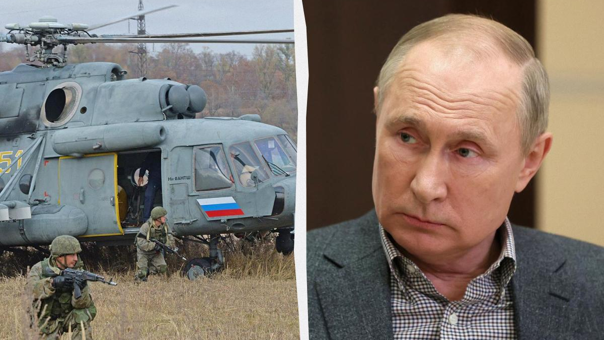Split image: left shows armed soldiers beside a military helicopter on a grassy field; right shows a man in a blazer looking to the left.