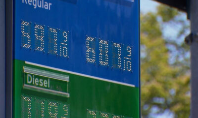 Gas station price sign with Diesel label on a green panel and price digits on a blue background